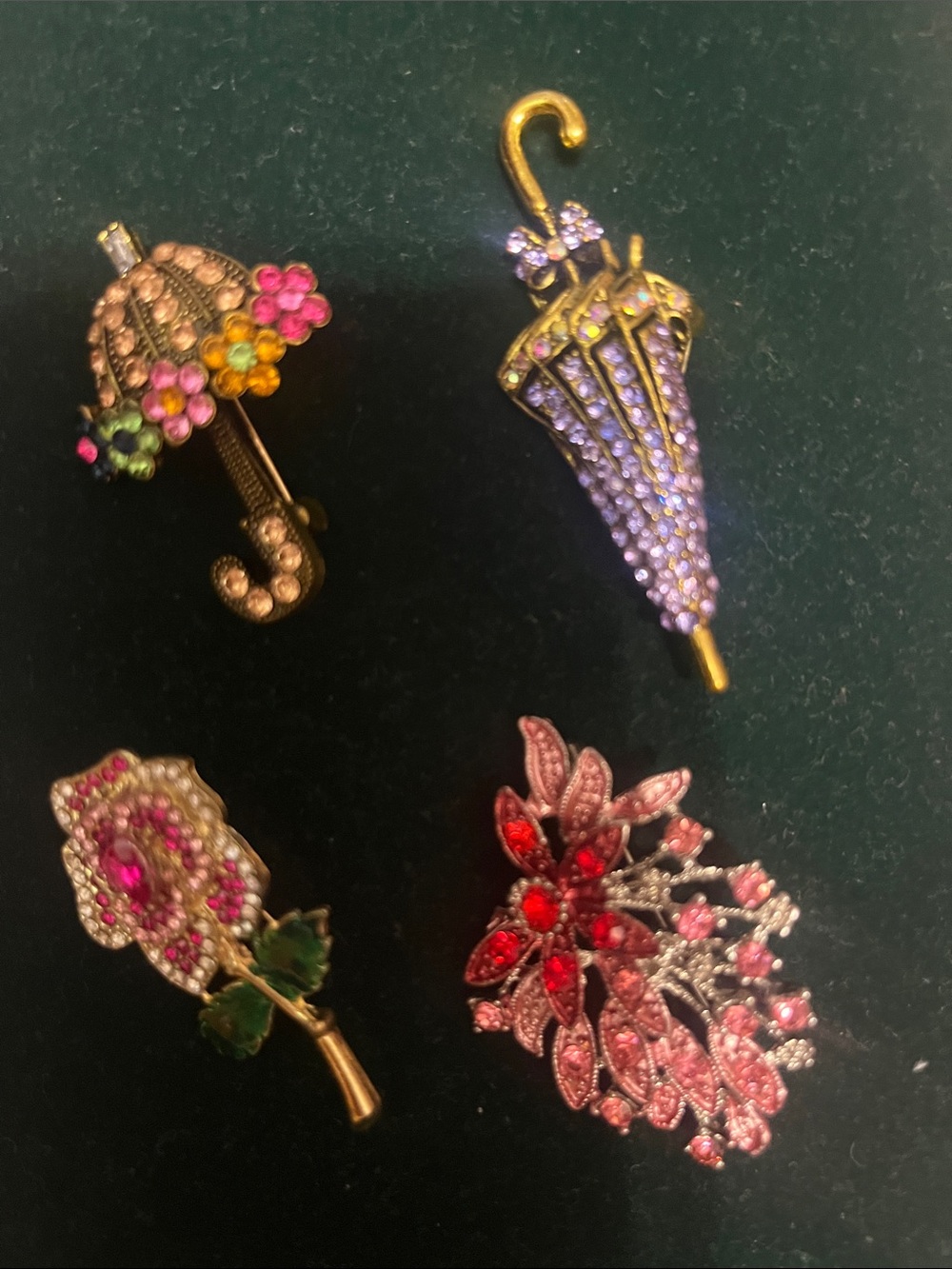Colorful Floral and Umbrella Crystal Brooch Set - Pink, Purple, Red, Green
